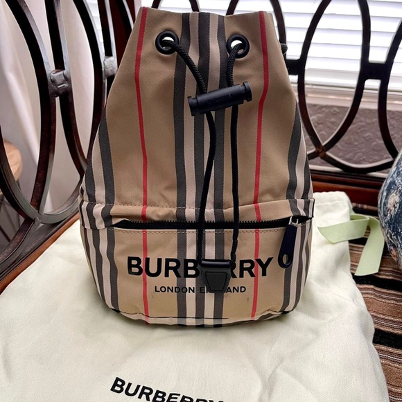 BURBERRY PHOEBE ICON STRIPE NYLON DRAWCORD EQUESTRIAN POUCH MINI BAG - Picture 6 of 10